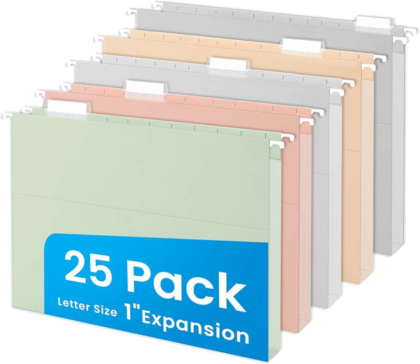SUNEE Hanging File Folders, Letter Size, Pastel Colors, 25 Count with 1/5-cut Tabs, Heavy Duty Expansion