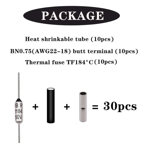 Tnisesm 10 Pcs 184 C Metal Thermal Cutoffs, Thermal Fuse 10A 250V with Non-Insulated Butt Connectors (22-18 AWG) for