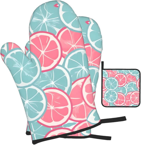 KUZEOLON Pink Blue Citrus Slices Two Heat-Resistant Gloves + one Pot lid mat, Suitable for Kitchen Grilling.