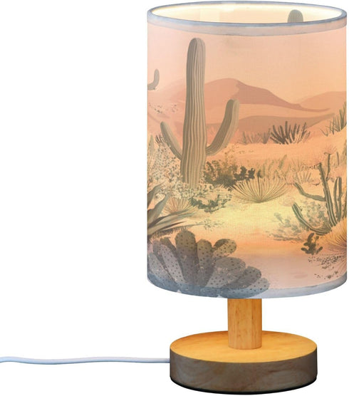 Qilmy Desert Landscape Cacti Bedside Table Lamp with USB Port, Warm LED Small Nightstand Lamp for Bedroom, Living Room