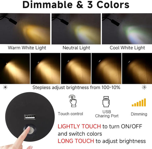 Dimmable Wall Mounted Reading Light with USB Charging Port, Plug-in LED Headboard Reading Light, Bedside Spot Wall