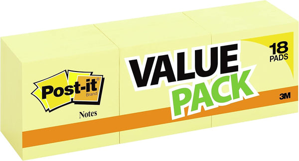 Post-it Notes, 3x3 in, 18 Pads, Canary Yellow, Clean Removal, Recyclable Sticky Note Pads