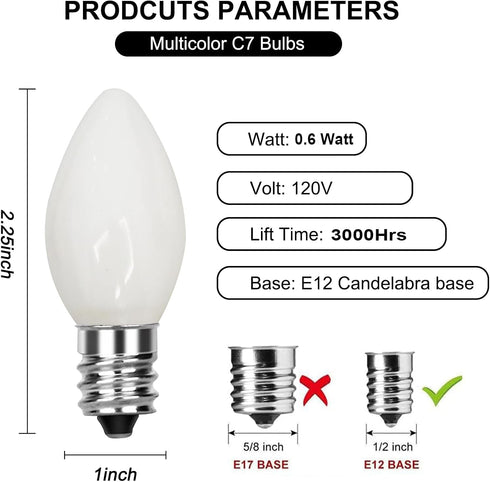 25 Pack C7 White LED Replacement Bulbs, 0.6 Watt White Ceramic Indoor Night Light Bulbs, E12 Base C7 Christmas String Light LED Bulbs for Wedding,Outdoor,Home,Patio Decor by Bokoiuu