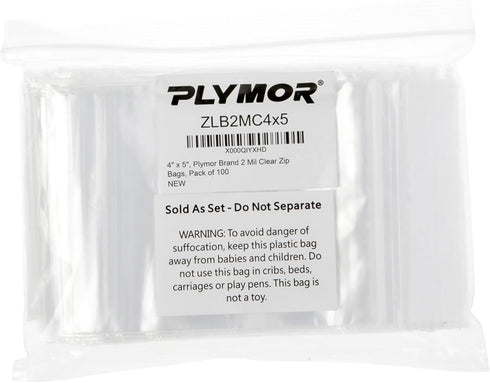 Plymor 4" x 5" Zipper Reclosable Plastic Bags - Pack of 100, 2 Mil