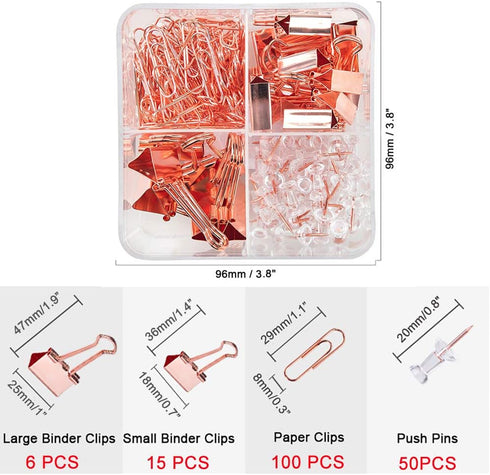 Binder Clips Paper Clips Push Pins Sets with Box for Office, School and Home Supplies (Rose Gold)