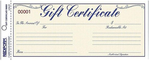 Rediform Gift Certificate Pack, 25 Duplicates with Envelopes, Blue/Gold, 3.625" x 9.5", Numbered