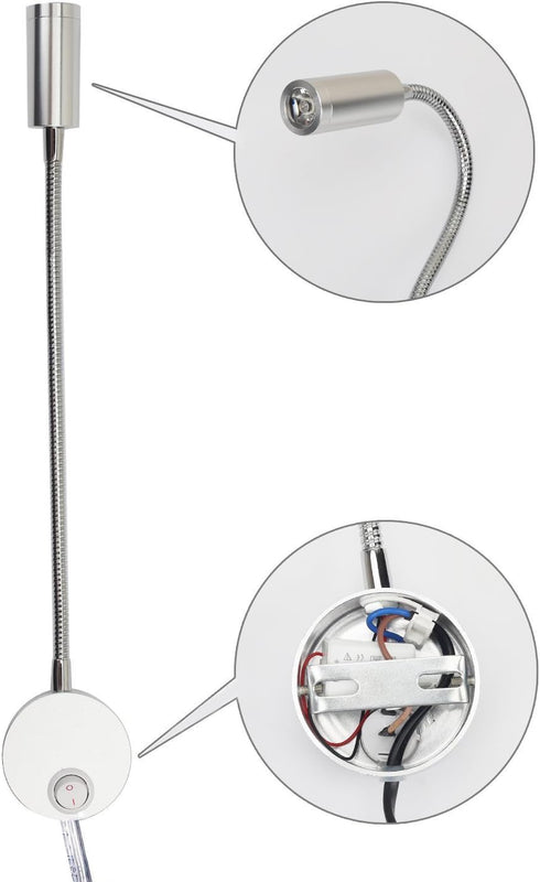 WeFoonLo 3W (01 Wall Mounted Reading Light Flexible Gooseneck LED Sconce Lamp with Plug & Switch for Bedroom, Office