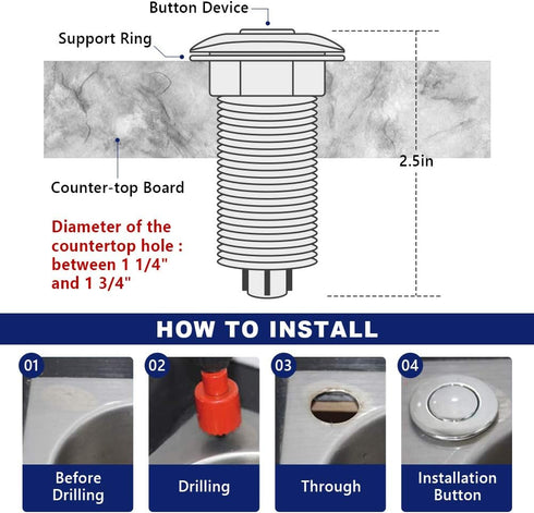 CLEESINK Garbage Disposal Switch, Cordless Air Switch Kit for Food Waste Disposer, Plastic White Sink Top Push Button
