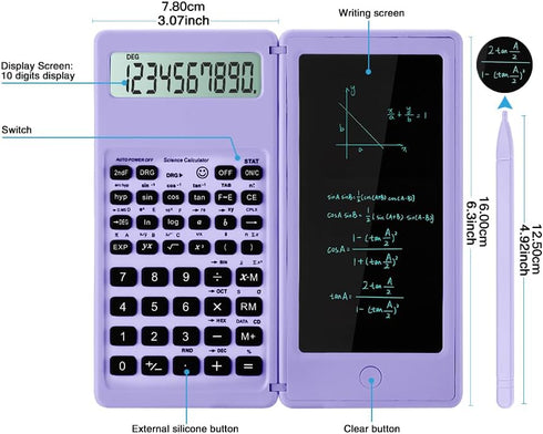 Scientific Calculator for High School, 10 Digits Digital with Erasable Writing Board, Purple