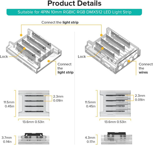 BTF-LIGHTING 4 Pin 10mm Connector Kit, 8pcs Corner Connector and 4pcs Gapless Solderless Connector for LED Strip
