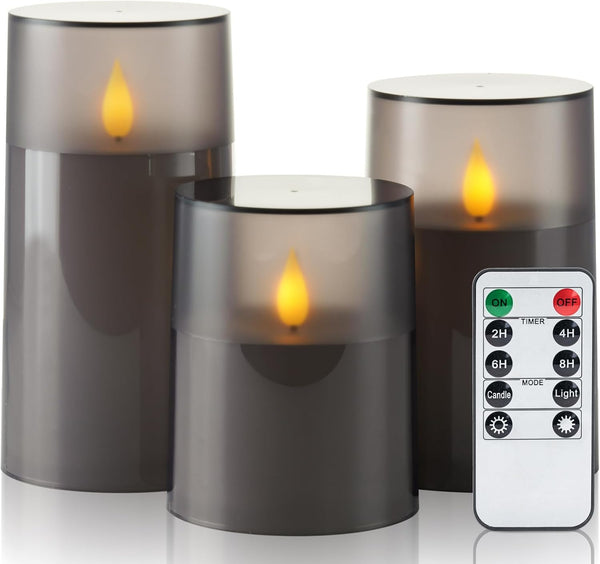 Homemory Flameless Candles Set of 3, Grey Acrylic LED Candles Upgraded Realistic