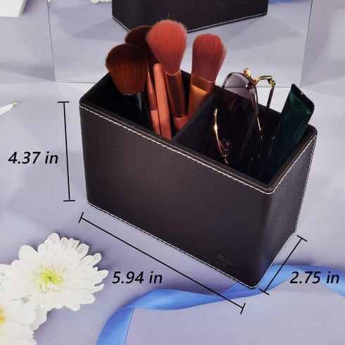 PU Leather Double Compartments Pen Holder for Desk, Square Pencil Organizer and Storage Case