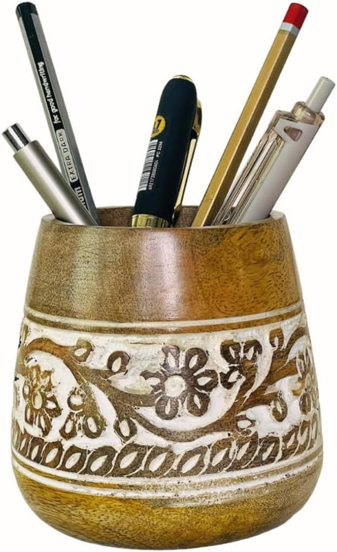 Mie Creations Designer Pencil Holder for Desk, Cute Wooden Paintbrush Cup, Office Desktop Organizer for Art Supplies