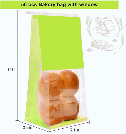 SixWeKit 50-Pack Packaging Reusable Bakery Bags - Windowed Kraft Paper Bags with Seal & Tin Tie Tab Lock - Upright