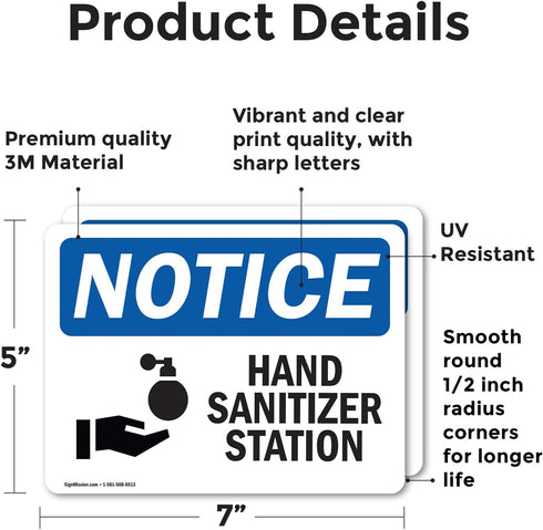 (2 Pack) 7 Inch 5 Inch Hand Sanitizer Station Sign With Symbol OSHA Notice Sign X Vinyl Label Decal Sticker Weather