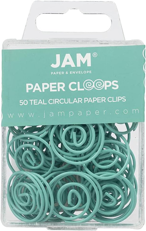 JAM PAPER Circular Paper Clips, Round Paperclips, Teal, 50/Pack
