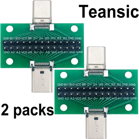 2 Pcs USB 3.1 Type-C Male to Female Test Board with PCB Board 24 Pins 2.54 mm Double-Sided Socket with pin Header Connector for Date Line Wire Cable Transfer by Teansic