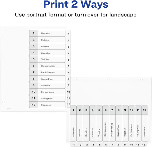 Avery 12 Tab Dividers for 3 Ring Binders, Customizable Table of Contents, 1 Set, Classic White Tabs (11140)