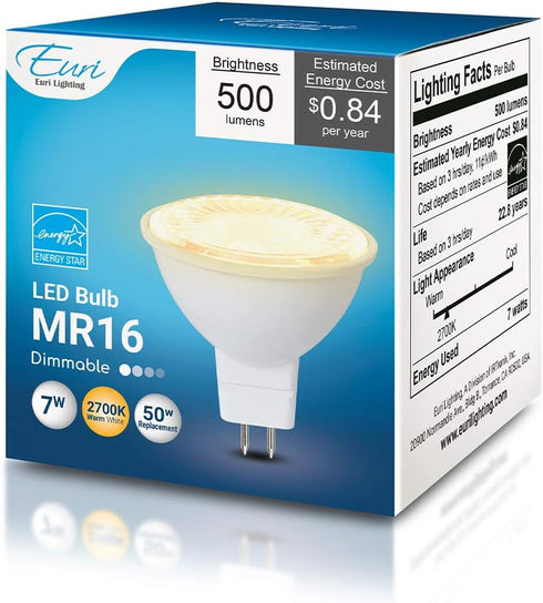 Euri Lighting EM16-7W4020ew Dimmable LED MR16, GU5.3 Base, 7W (50W Equivalent), 500lm, Warm White (2700K), 80 CRI, 40