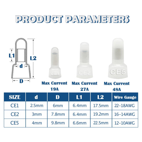 100PCS Closed End Crimp Terminal 22-16AWG Nylon Electrical Caps for Wires Crimp Connectors CE1