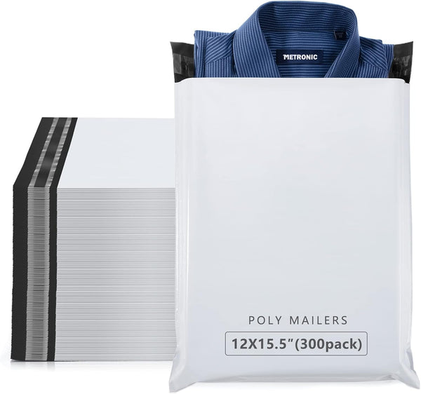 Metronic 300 Pcs Poly Mailers - 12x15.5 Medium Size Shipping Bags for Small Business Supplies, White