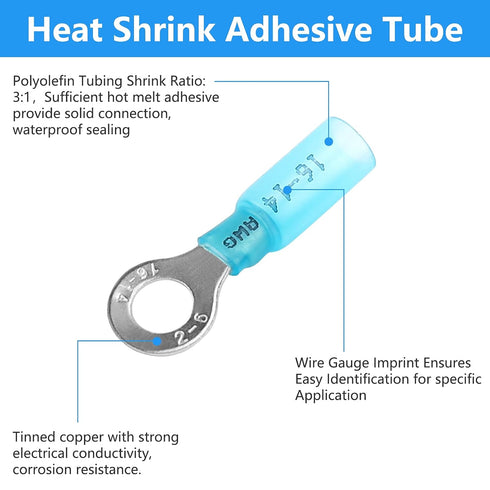 160 PCS Heat Shrink Ring Terminals, Insulated Blue Ring Terminals for 16-14 AWG Automotive Electrical