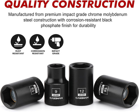 13PCS 3/8"Drive Set, 6-Point, 7mm 19mm, CASOMAN Magnetic Socket Shallow, Metric, to CR-MO
