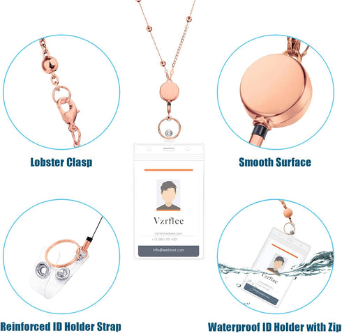 Retractable Badge Reel Lanyard with 2 Pieces ID Holder for Women, Fashion Beaded Chain Premium Stainless Steel Necklace