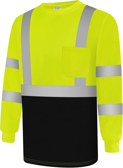 Safety Shirts for Men Class 3 High Visibility Long Sleeve Construction Work Shirts with Black Bottom, Hi Vis Reflective