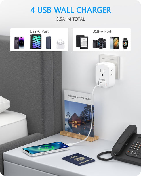 LENCENT Switzerland Travel Plug Adapter, Swiss Power Adaptor with 4 American Outlets, 4 USB Chargers