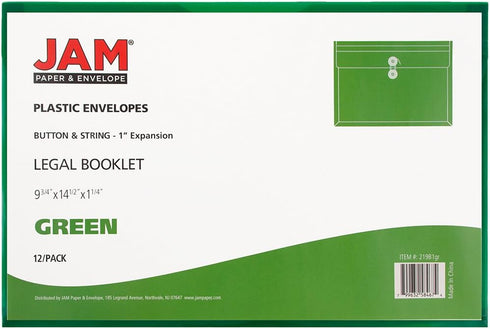 JAM PAPER Plastic Envelopes with Button & String Tie Closure, Legal Booklet Size, Green, 12/Pack
