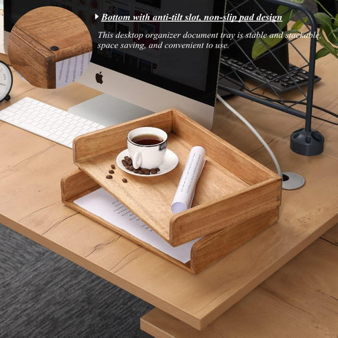 Wood Stackable Paper Trays for Office Supplies - 2 Set Wooden Desktop File Folder Holder Tray for Letter Document