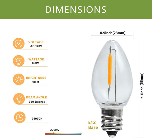 25 Pack C7 Bulbs, Bulbs E12 0.6W 7W, 2200K, Bulbs LED Night Light Christmas Replacement Candelabra Base Shatterproof