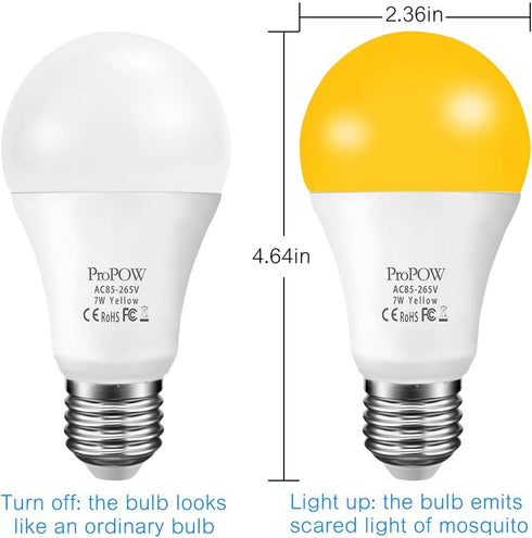 ProPOW Bulbs, 7W 40W A19, 580 (Non-Dimmable, E26) Yellow Bug Light Dusk to Dawn, LED, Equivalent, Smart Auto on/Off