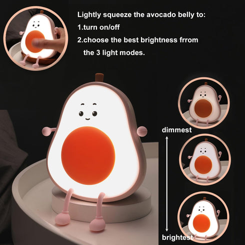 3 Avocado Night Light, Fruit Night Lamp for Kids Bedroom USB Rechargeable Lamps Brightness Levels, Nursery Bedside