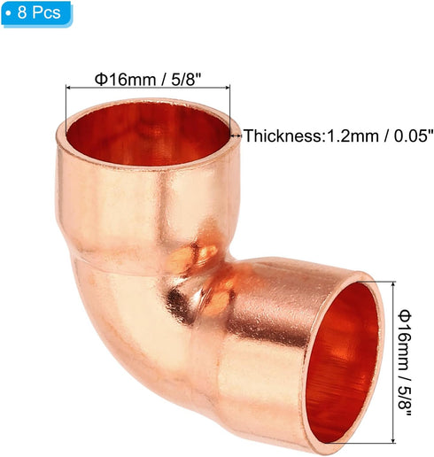 PATIKIL 5/8" ID 1.2mm Thick Elbow Copper Fitting, 8pcs 99.9% Pure Copper Pipe Connector
