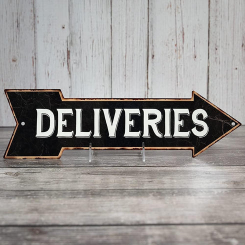 Delivery Sign Right Arrow Vintage Package Deliveries Plaque, 5x17 Metal Drop Off Parcel Here