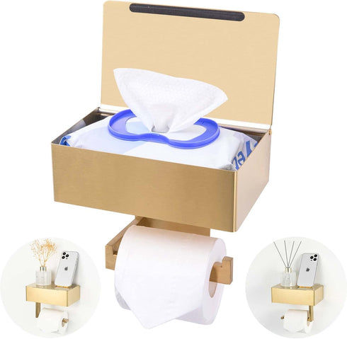 YRONG Adhesive Toilet Paper Holder with Shelf and Storage, Wall Mount Toilet Paper