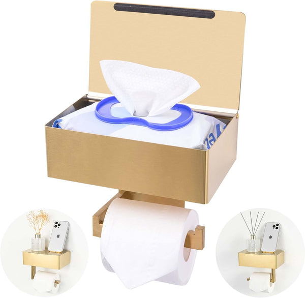 YRONG Adhesive Toilet Paper Holder with Shelf and Storage, Wall Mount Toilet Paper