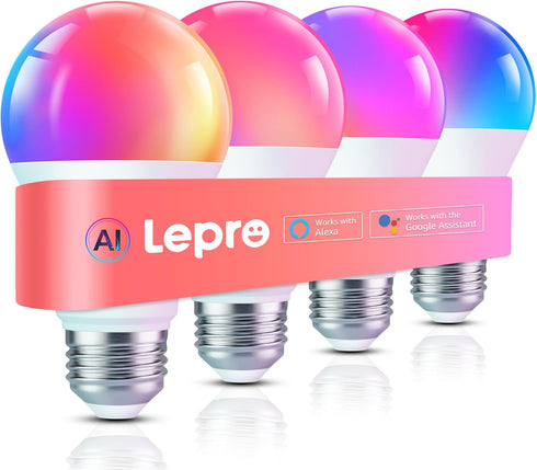 Lepro B1 AI Smart Light Bulbs, WiFi & Bluetooth RGBWW Color Changing LED Bulb, 4 Packs