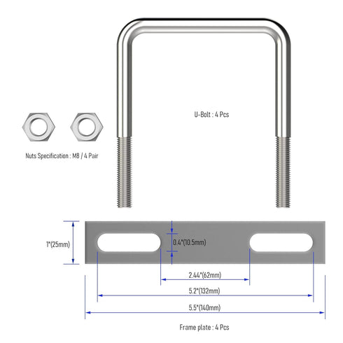 4 Sets 304 Stainless Steel Square U-Bolts, M10 with Nuts for Automobiles Trailer and Industrial Parts