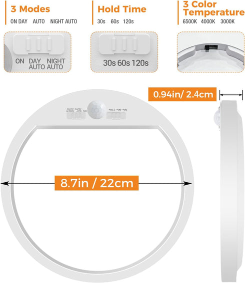 8.7 Inch 3000K/4000K/6500K Closet 18W 1800LM slochi Motion Sensor Light Indoor Wired, Lights Motion Sensored, Flush