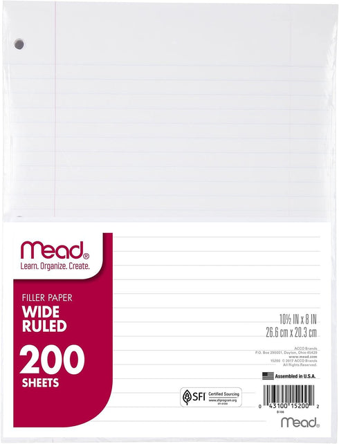 Mead Loose Leaf Paper, Wide Ruled, 8" x 10-1/2", 200 Sheets, Fits 3-Ring Binder