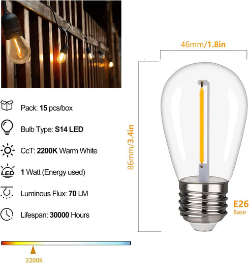 Shatterproof & Waterproof S14 LED Bulbs, Warm White 2200K, 70LM, E26 Base, 120V, 15 Pack Replacement Patio Lights