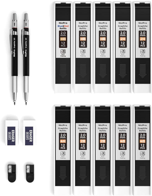 Nicpro 2mm Metal Mechanical Pencil Set, 2PCS Lead Holder with 120 Graphite Lead Refill (HB 2H 4H 2B 4B & Color), 2