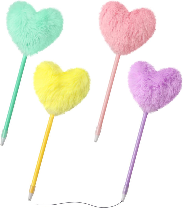 Pom Pom Ballpoint Pen, 4 Pack, Heart Shape Puffy Pens, Colorful Fuzzy Pens for School, Office, and Party Supplies