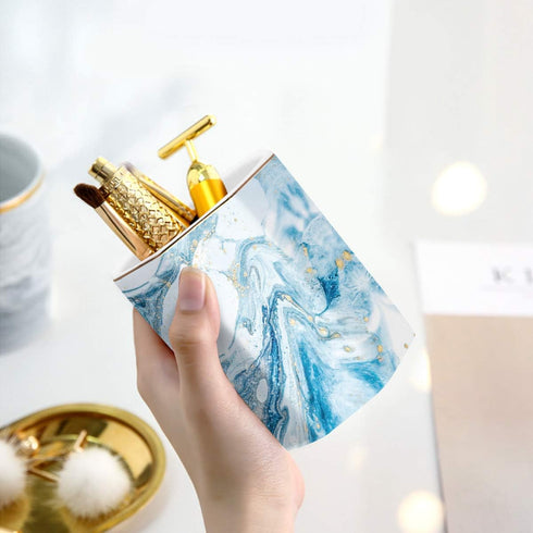 WAVEYU Marble Pattern Pen Holder, Durable Ceramic Pencil Cup for Desk Organizer, Makeup Brush Holder (Blue Marble)