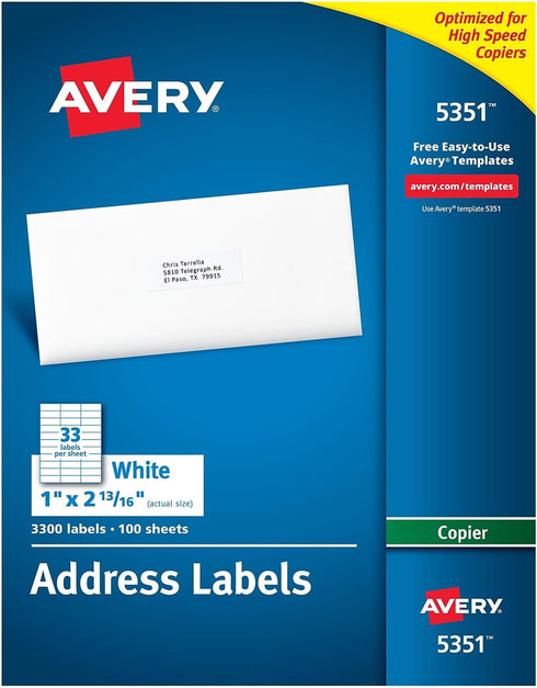 Avery 5351 Copier Label, Mailing, 1-Inch x2-13/16-Inch, 3300/BX, White