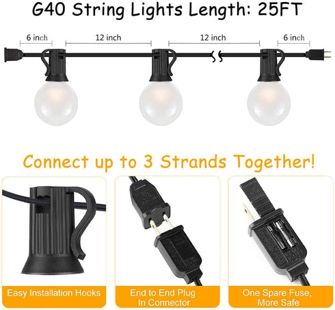 25Ft G40 27 Bulbs, 5 SUNSGNE Outdoor Patio String Lights with Frosted White Globe Waterproof Connectable Hanging String