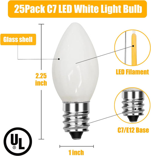 SUNSGNE C7 LED White Replacement Christmas Light Bulbs, 0.6W LED E12 Candelabra Base Bulbs - Great for Salt Lamp, Night Lights, Decorative Lights, Christmas Outdoor String Lights, Pack of 25 by SUNSGNE